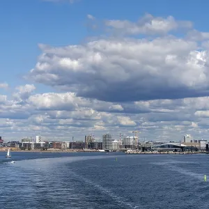Helsinki, Finland: 5 August, 2021: view of the skyline of downtown Helsinki and the ferry harbor Helsinki, Finland: 5 August, 2021: view of the skyline of downtown Helsinki and the ferry harbor