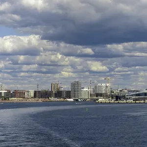 Helsinki, Finland: 5 August, 2021: view of the skyline of downtown Helsinki and the ferry harbor