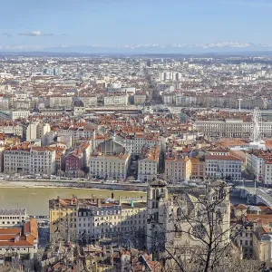 High-angle cityscape of Lyon from Fourviere hill with Saone river in the foreground High-angle cityscape of Lyon from Fourviere hill with Saone river in the foreground