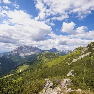 High angle panoramic view of the Julian alps in summer