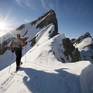 Hiker in winter, Rofan Mountains, Tyrol, Austria Hiker in winter, Rofan Mountains, Tyrol, Austria