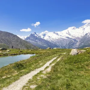 Hiking trail leads along a clear stream to snow-crowned mountains