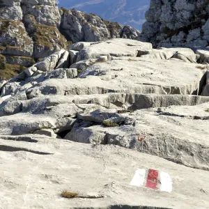 Hiking trail marking, trail sign on limestone