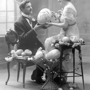 Historic photograph, Easter, couple with Easter eggs Historic photograph, Easter, couple with Easter eggs
