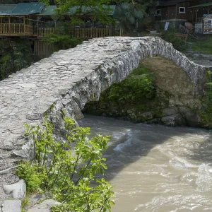 Historic stone bridge crosses bubbling river in forest