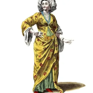 Historische Kleidung, Mode im Laufe der Zeit, Morgenkleid einer adligen Dame aus Griechenland 1700, digital restaurierte Reproduktion eines Modells aus dem 18./19. Jahrhundert, genaue Datierung unbekannt, Frau in gelbem orientalischem Gewand mit Kopftuch.