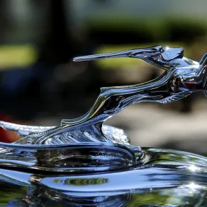 Hood ornament of a 1931 Chrysler at a Classic Car Show in Belvidere