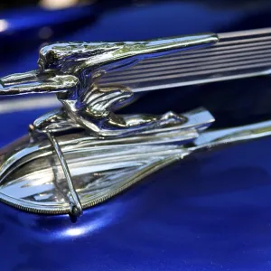 Hood ornament of a 1940 Packard at at Classic Car Show in Belvidere
