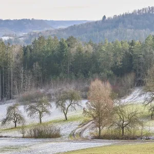 Paisaje cubierto con capuchas en el parque natural de bosque de Suabia-Franconia.