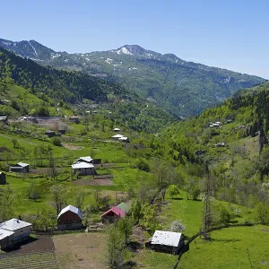 Houses and fields in a green valley in front of a mountain range