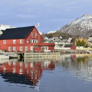 Houses by the harbor, mountains behind Houses by the harbor, mountains behind