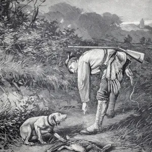 1891 Authentic Print: Hunter and Loyal Dog with Prey