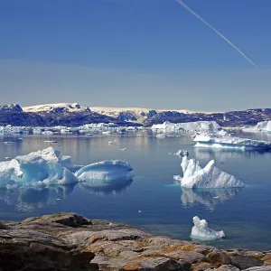 Icebergs reflected in a fjord, silence