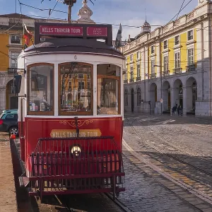 The Iconic and Famous Red Vintage Tram in Terreiro do Paco