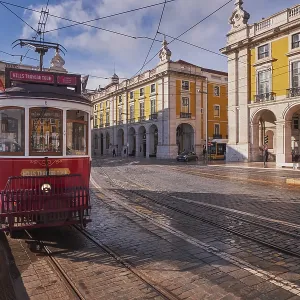 The Iconic and Famous Red Vintage Tram in Terreiro do Paco