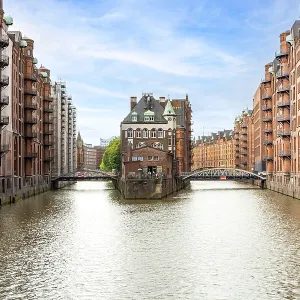 Iconic view of the historic Speicherstadt district and the Wasserschloss building in Hamburg