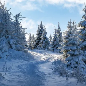 Idyllic, winding trail through a snowy coniferous forest under a blue sky in atmospheric light