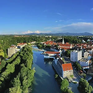 The Iller from above. Aerial view of the old town of Kempten with a view of the Alps The Iller from above. Aerial view of the old town of Kempten with a view of the Alps