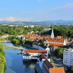 The Iller from above. Aerial view of the old town of Kempten with a view of the Alps The Iller from above. Aerial view of the old town of Kempten with a view of the Alps