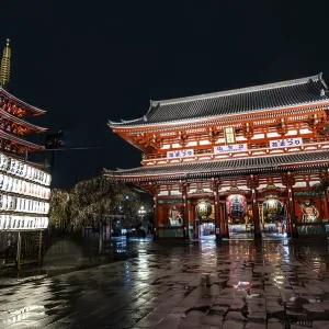 Illuminated five-story pagoda and Hozomon treasure chamber gate of Asakusa Shrine or Senso-ji Temple Illuminated five-story pagoda and Hozomon treasure chamber gate of Asakusa Shrine or Senso-ji Temple