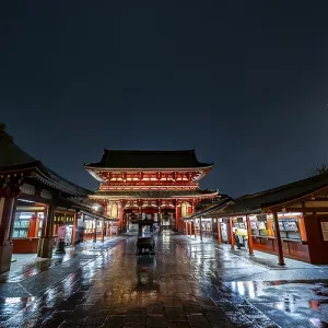 Illuminated five-story pagoda and Hozomon treasure chamber gate of Asakusa Shrine or Senso-ji Temple Illuminated five-story pagoda and Hozomon treasure chamber gate of Asakusa Shrine or Senso-ji Temple