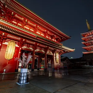 Illuminated five-story pagoda and Hozomon treasure chamber gate of Asakusa Shrine or Senso-ji Temple Illuminated five-story pagoda and Hozomon treasure chamber gate of Asakusa Shrine or Senso-ji Temple