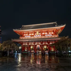 Illuminated five-story pagoda and main hall of Asakusa Shrine or Senso-ji Temple