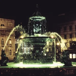 Illuminated Fountain Print, Rossio Square at Night, Lisbon