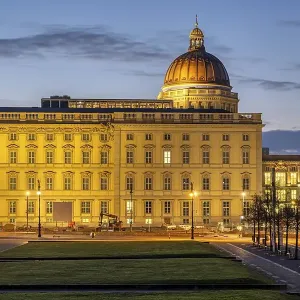 The imposing reconstructed city palace in the heart of Berlin at sunrise