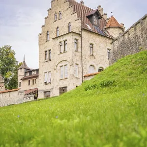Impressive historic building with gabled roof and green meadow
