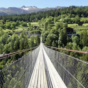 Impressive suspension bridge stretching in the green forest landscape of the Alps