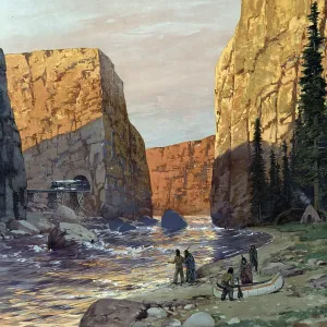 Indians with a canoe by the river