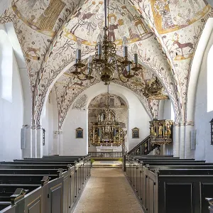 Interior with religious frescoes by the Elmelunde Master in the church of Elmelunde