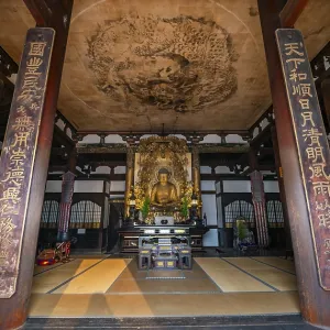 Interior view, golden Buddha figure and ceiling painting with dragon figure Interior view, golden Buddha figure and ceiling painting with dragon figure