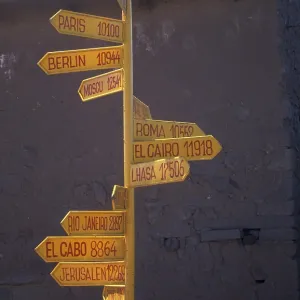 International guide on Isla Taquile in Lake Titicaca shows the distances to cities around the world