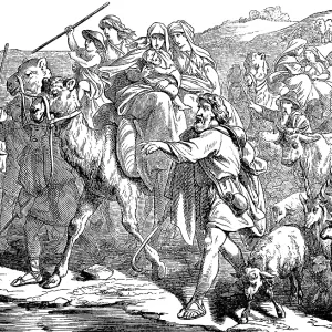 Jacob flees with his woman and child from Laban the babbler Jacob flees with his woman and child from Laban the babbler