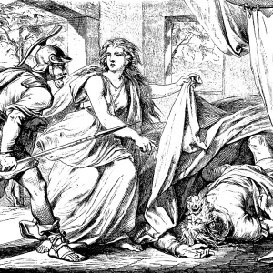 Jael kills Sissera with hammer and nail and shows him to the warrior Barak
