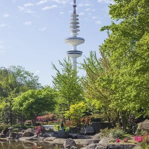 Japanese garden in the Planten un Blomen park with Hamburg television tower and park pond in spring Japanese garden in the Planten un Blomen park with Hamburg television tower and park pond in spring