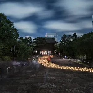 Japanese lanterns made of hand-made washi rice paper arranged in the shape of a milky way illuminating the stones of