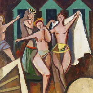 Variété : danseuses en maillots de bain devant des cabines colorées (1953)