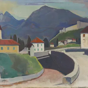 Ville en face d'un paysage montagneux avec église et maisons sous un ciel bleu, avant Bellinzone (1930)