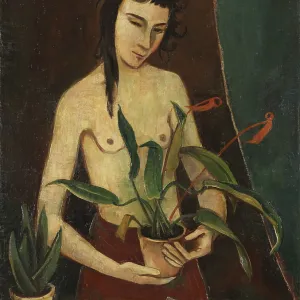 Femme avec des plantes (1922), peinture, reproduction de l'œuvre d'art, état original, œuvre d'art historique, Personne tenant un pot de fleurs.