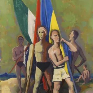 Young Men with Flags (1935), Peinture, Reproduction de la peinture, Condition d'origine, Œuvre d'art historique, Groupe de hommes tenant des drapeaux sur la plage.