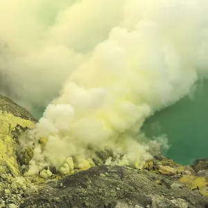 Kawah Ijen volcanic crater lake and toxic sulfur fume
