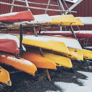 Kayaks stocked in winter in Reine fishing village