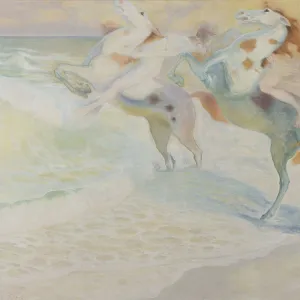 Kazimierz Stabrowski Print: Surreal Scene of Jumping Horses