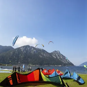 Kitesurfer at Lake Lake Traun in Ebensee Kitesurfer at Lake Lake Traun in Ebensee