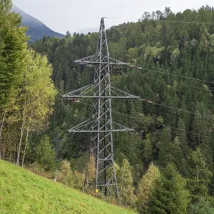 Landscape with high-voltage pylons in the Stubai Valley between Telfes and Mieders