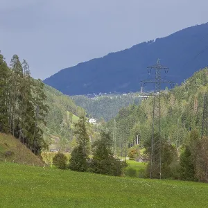 Landscape with high-voltage pylons in the Stubai Valley between Telfes and Mieders