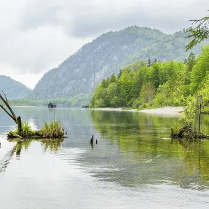 Landscape of Lake Almsee on a rainy day in spring